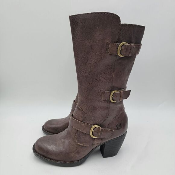 Born Brown Leather Boots Block Heel size 6.5 Maleri Zip Up Buckle - Picture 1 of 10